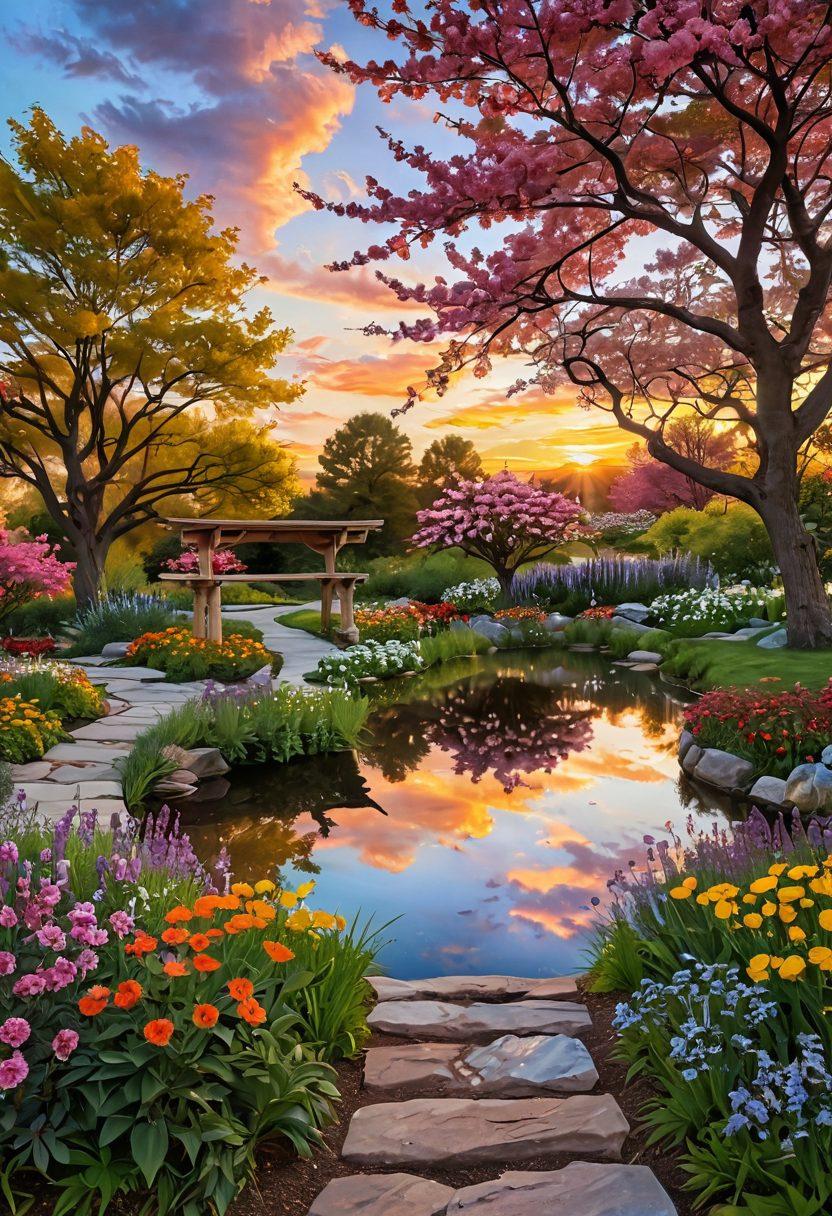 A serene landscape featuring a blooming garden filled with vibrant flowers, a peaceful pond reflecting the sky, and a winding path leading to a cozy bench under a blossoming tree. A gentle sunset casts warm hues across the scene, symbolizing joy and emotional wellness. Include soft, smiling people practicing mindfulness and gratitude. super-realistic. vibrant colors. tranquil atmosphere.