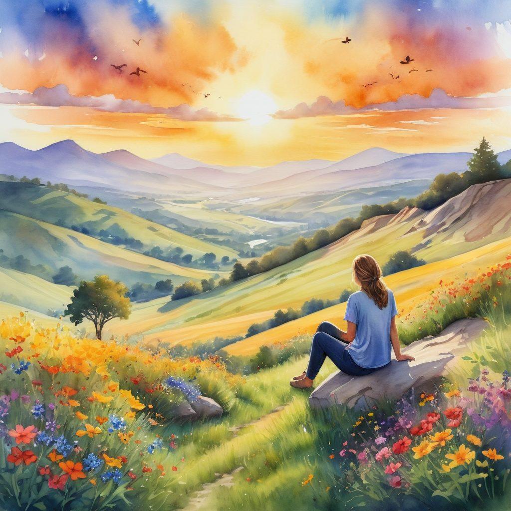 A serene landscape depicting a person sitting cross-legged atop a hill, basking in golden sunlight, surrounded by colorful wildflowers and fluttering butterflies. In the background, a glowing sun rises over a peaceful valley, symbolizing hope and self-discovery. Incorporate soft, warm colors to evoke feelings of joy and tranquility. watercolor painting. vibrant colors. peaceful atmosphere.