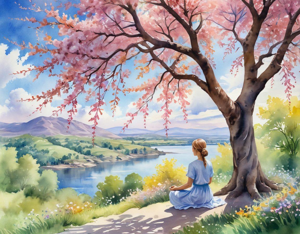 A serene landscape featuring a meditative figure sitting under a blossoming tree, surrounded by vibrant flowers and gentle sunlight filtering through the leaves. In the background, a peaceful horizon symbolizes personal growth, while soft clouds reflect positivity. The scene should evoke tranquility and inspiration, drawing the viewer into a sense of upliftment. watercolor. bright pastel colors. dreamy atmosphere.